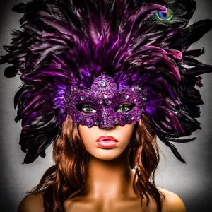 Purple Venetian Carnival Masquerade Top Feather Eye Mask Mardi Gras For Women - Picture 1 of 7