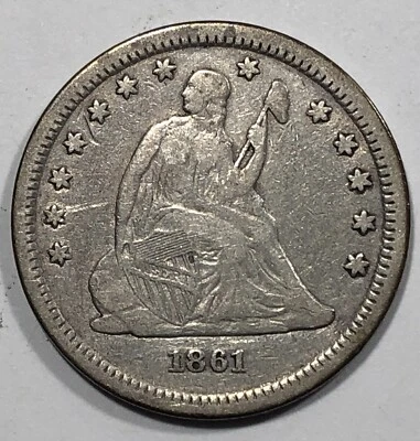 1861 Seated Liberty Quarter. .25. Very Fine. Full Shield. - Image 1 of 3