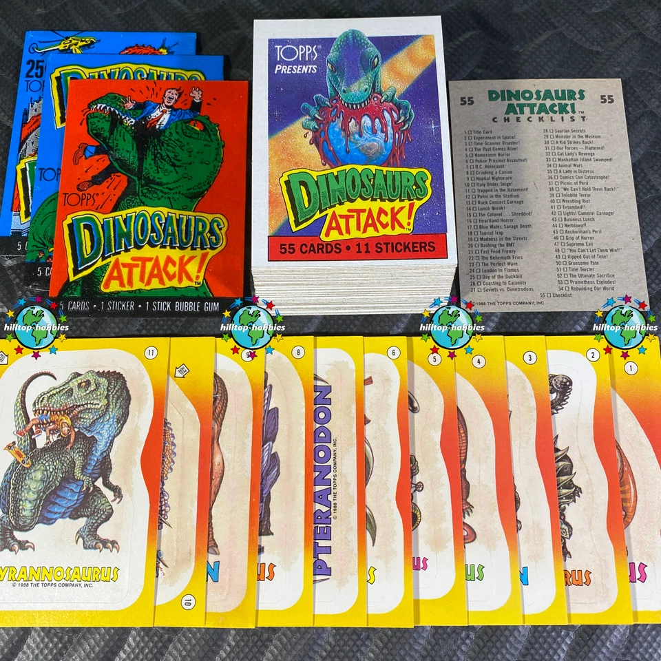 1988 DINOSAURS ATTACK COMPLETE 55-CARD SET+3 WRAPPERS AND *11-STAINED STICKERS!* - Image 1 of 1