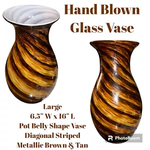 Vaso soffiato a mano ventre grande 8x15 a righe vetro metallico ambra/marrone nuovo senza etichette - Foto 1 di 13