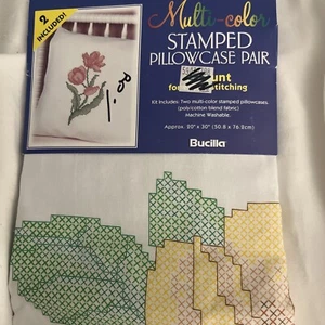 Vtg. 1998 Bucilla Yellow Rose Stamped Pillowcase Pair Cross Stitch 20” X 30” - Picture 1 of 4