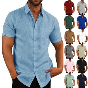 Men Cotton Linen Shirts Summer Loose Buttons Short Sleeve Casual T Shirt Tops - Picture 1 of 28