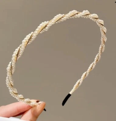 Faixa de cabeça Pearl Twist enfeitada com miçangas elegante fina acessório de cabelo - Imagem 1 de 4