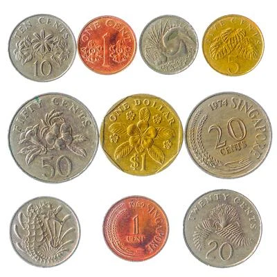 Monedas Singapur | Centavos | Dólar | Colección de 10 | Flores Peces 1967 - 2018 Foto 1 de 2