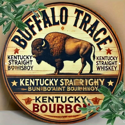 Vintage Buffalo Trace Round Tin Metal Signs - Rustic Kentucky Bourbon Decor with - Image 1 of 4