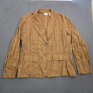 Chico's Women 2 US L/12 Brown 100% Linen Pleated Button Jacket Blazer - Picture 1 of 12