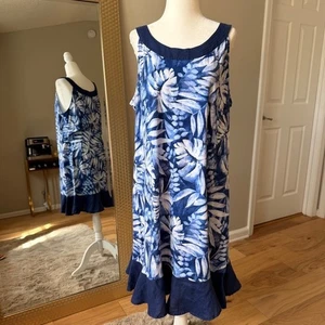 Abito midi senza maniche Tommy Bahama blu bianco stampa foglia tropicale taglia L - Foto 1 di 6