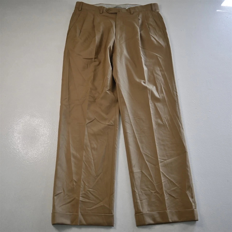 Pantalones de vestir Ermenegildo Zegna 32x32 beige dorado 100 % lana plisados con puños 75L102 Foto 1 de 4