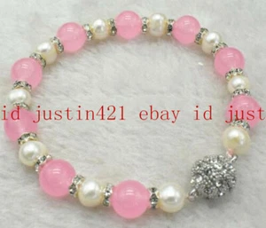 Beautiful 7-8mm White Cultured Pearl & 10mm Pink Quartz Beads Bracelet 7.5" AAA - Picture 1 of 12