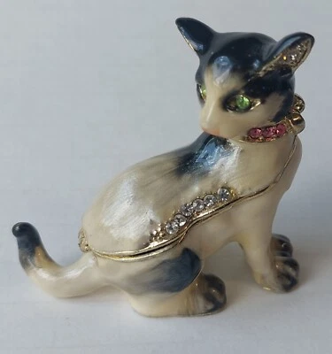 Gato siamés esmalte con ojos verdes anillo con joyas caja baratija cierre magnético Foto 1 de 4