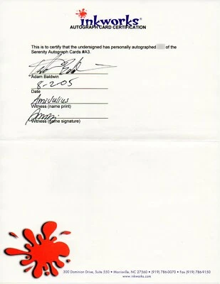 Signed Contract ADAM BALDWIN Inkworks AUTOGRAPH Card Certification SERENTIY - Image 1 of 2