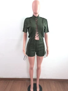 NEW Women Lace Up Sexy Hollow Out Short Sleeve Bodycon Party Shorts Jumpsuit #JS - Picture 1 of 7