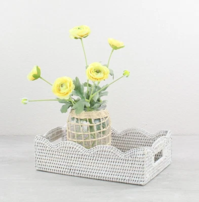 NEW Tight Woven Scalloped Edge Rattan Tray with Handles, Small, Whitewash - Image 1 of 4