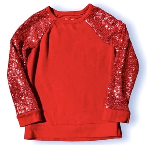 Girls Red Sequin Sleeves Holiday Sweatshirt Medium 7/8 Soft Knit FREE SHIPPING - Picture 1 of 9
