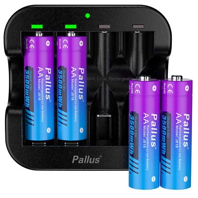 Pallus 4x AA Batteries 3500mWh 1.5V Rechargeable Lithium Batteries AA & Charger - Image 1 of 4