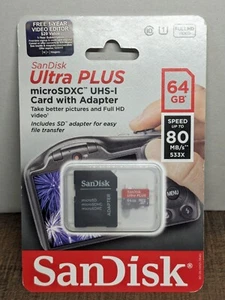 New SanDisk Ultra Plus 64GB MicroSDXC UHS-I Memory Card Full HD Video SEALED! - Picture 1 of 5