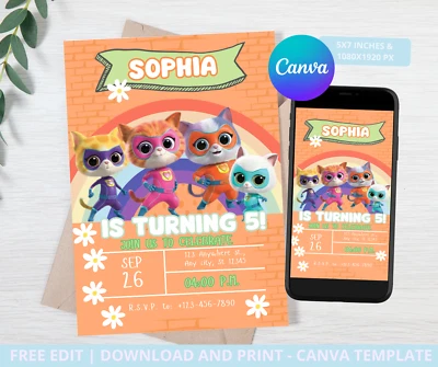 Plantilla de invitación de cumpleaños DIGITAL Super Kitty, suministros de fiesta Super Kitties Foto 1 de 4