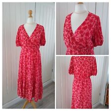 New Look Size 14 Ladies Red Faux Wrap Maxi Dress Puff Sleeve Frilled Hem Floral 