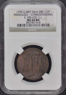1795 G.BRIT D&H-286 MIDDLESEX 1/2P NGC MS64BN - Image 1 of 4