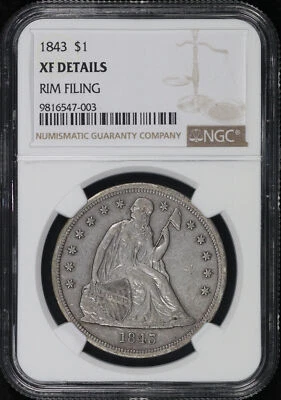 Dólar libertad sentada 1843 NGC XF detalles borde presentación Foto 1 de 2