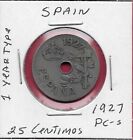 SPAIN 25 CENTIMOS 1927-PC-S XF 1 YEAR TYPE,ALFONSO XIII,VINE ENTWINED ON