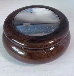 Vintage Round Wood Agate Inlay Box 3.5" Diameter 1.5" Tall - Picture 1 of 7