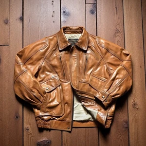 Mens 90s American Classic Vintage Style Jacket Veg-Tan Calfskin Leather Casual - Picture 1 of 24