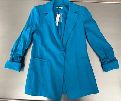 NWT Alice + Olivia Pailey Fitted Linen Blend Blazer Ruched In Ocean Blue Sz 8 - Image 1 of 4