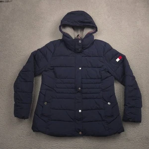 Tommy Hilfiger Womens Puffer Jacket Large Navy Hooded Quilted Full Zip Pockets - Picture 1 of 12