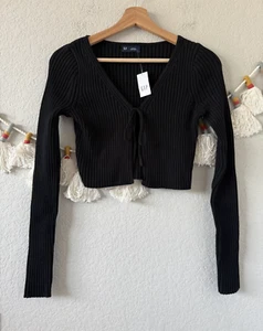 Cardigan Gap a costine nero cravatta davanti manica lunga crop basics nuovo con etichette XS 2025 - Foto 1 di 8