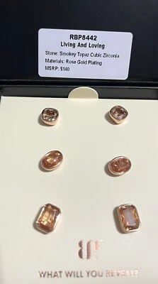 Bomb Party Simply Studs “Living And Loving”Smokey Topaz On Rose Gold, New - Image 1 of 2