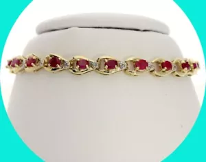 Diamond Ruby Link Bracelet 3.85CT Yellow Gold 7 1/8” Long - Picture 1 of 8