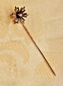 Antique Stickpin Stick Pin, 10K Gold Flower, Seed Pearl Petals, Diamond Center - Picture 1 of 10