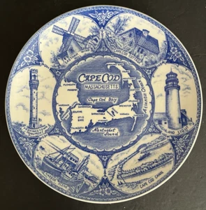 Vintage Blue Transferware Cape Cod Landmark Plate Boats Light Map Cottage 9 1/2" - Picture 1 of 7