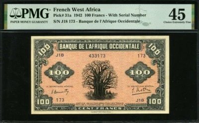 French West Africa 1942, 100 Francs, P31a,PMG 45 EF+ ( Pinholes ) - Image 1 of 2