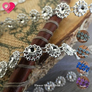 Faux Flower Crystal Diamond Rhinestone Chain Trim Beaded Embellishment Ribbon - Picture 1 of 10