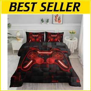 3-Piece Boys Gaming Console Comforter Set - Twin Size Red & Black Bedding - Picture 1 of 11
