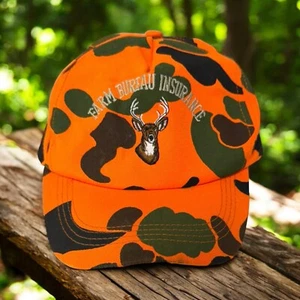 Vintage Camo Hunting Hat Snapback Orange Unisex Farm Bureau Insurance See Pics - Picture 1 of 12