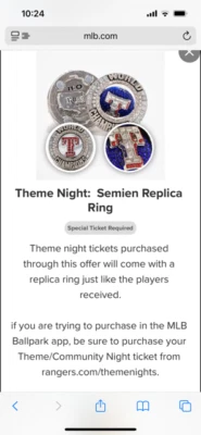 TEXAS RANGERS MARCUS SEMIEN WORLD SERIES RING DIAMOND DAYS THEME NIGHT 6-19-2025 - Image 1 of 3