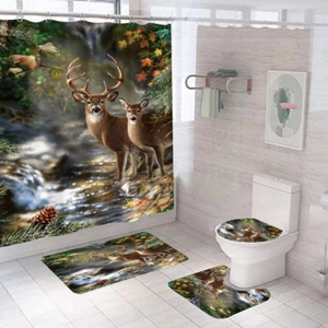 Juego de cortinas de ducha de ciervos alfombra de baño antideslizante alfombra de baño cubierta de asiento de inodoro - Imagen 1 de 20