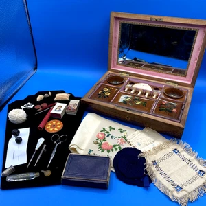 Antique SEWING BOX w/CONTENTS Ephemera Victorian perfume flask Perpetual Almanac - Picture 1 of 24