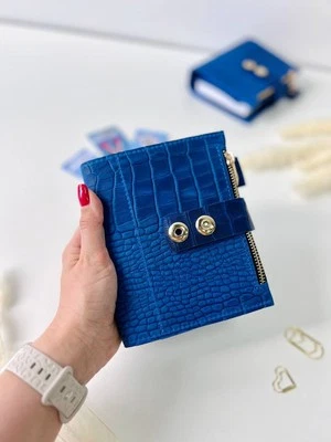 Blue leather notebook cover A7 2 Big rings mini wallet. Mini Planner.  - Image 1 of 4