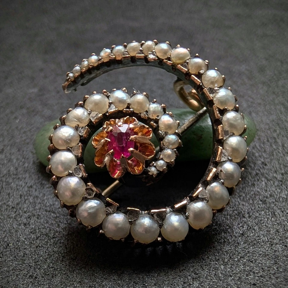 Victorian Brosche 18k 750 Gold Perle Rubin Diamant alt antik c. 1900 - Bild 1 von 4