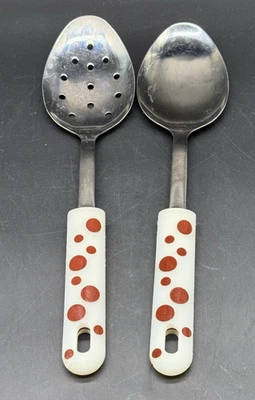 2 Temp-tations Silicone Slotted Dotted Serving Spoons Brown Polka Dot MCM READ - Image 1 of 4