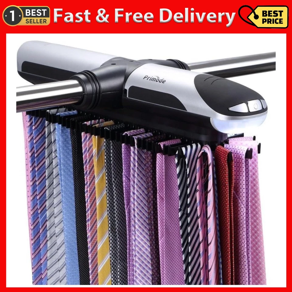 PRIMODE Motorized Tie Rack Organizer for 72 Ties & 8 Belts with J Hooks