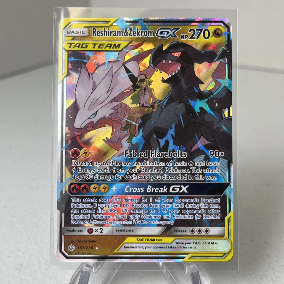 Tag team Reshiram & Zekrom GX 157/236 Sm-Cosmic Eclipse Holo Ft. N pokemon tcg - Image 1 of 4