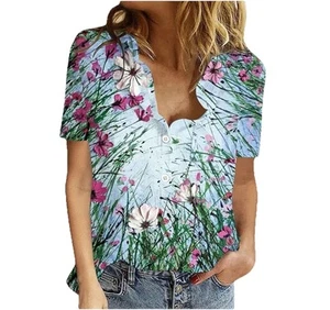 Floral Shirt Button Up Top Pink White Blue Flowers Field Short Sleeve Size Large - Picture 1 of 6