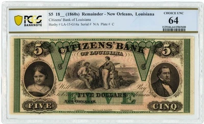 1860s $5 Citizens' Bank Of Louisiana New Orleans, LA Ch UNC 64 PCGS 950535-13 - Image 1 of 3