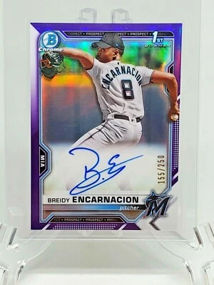 2021 BOWMAN CHROME BREIDY ENCARNACION AUTO PURPLE REFRACTOR 155/250 CPA-BE - Image 1 of 2