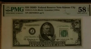 $50 1950D PMG58 EPQ CHOICE ABOUT UNC FEDERAL RESERVE NOTE KANSAS CITY 8928 - Picture 1 of 6